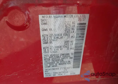 2017 Nissan Rogue Sv/Sl z USA, uszkodzony, nr VIN 5N1AT2MV4HC778305